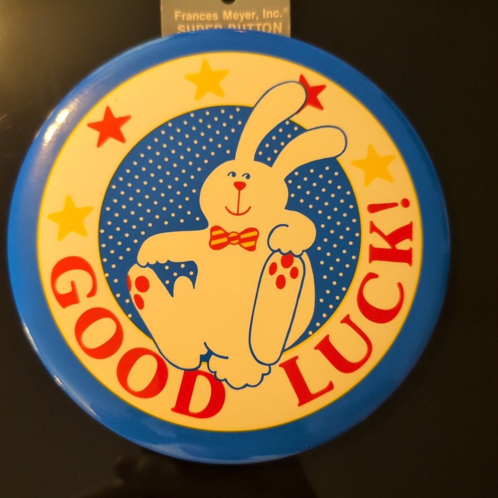 Vintage 1989 Frances Meyer Super Button Good Luck Bunny Pin Easel Back 6 inch